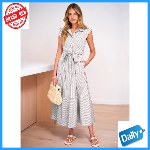 Ruffle Cap Sleeve Maxi Dress Button Down Striped Plaid Tie Waist Casual Chic - Picture 2 of 7